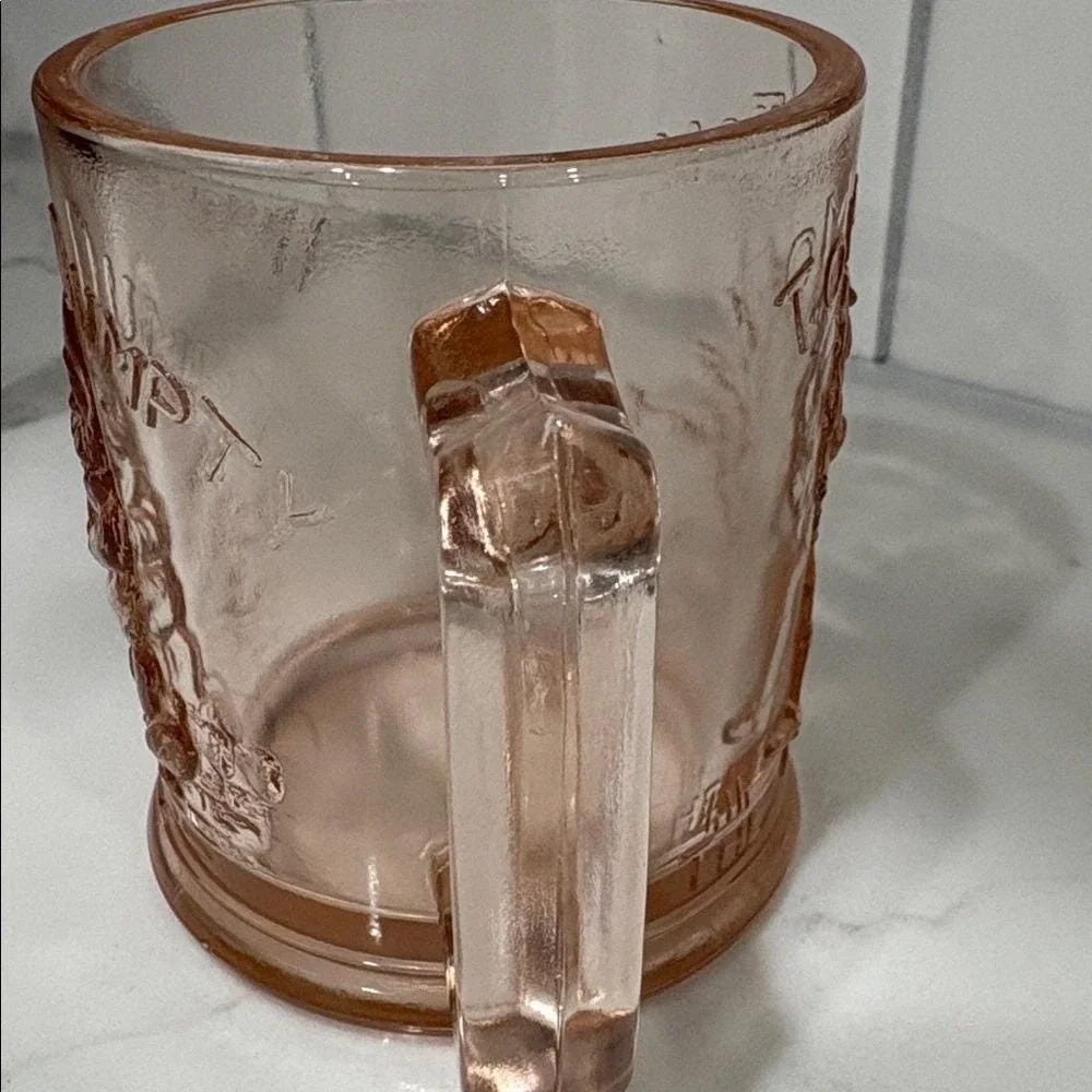 Vintage Pink Depression Glass Humpty Dumpty Tom Tom Nursery Rhyme Mug Cup